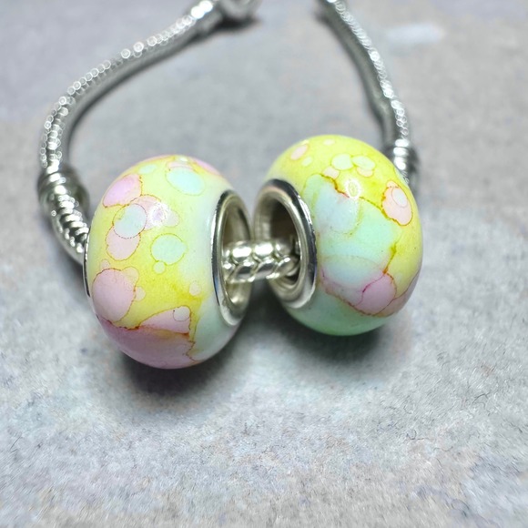 Yellow Pastel Spacer Beads Set Watercolor Swirls Fits Pandora Bracelet - Picture 8 of 10